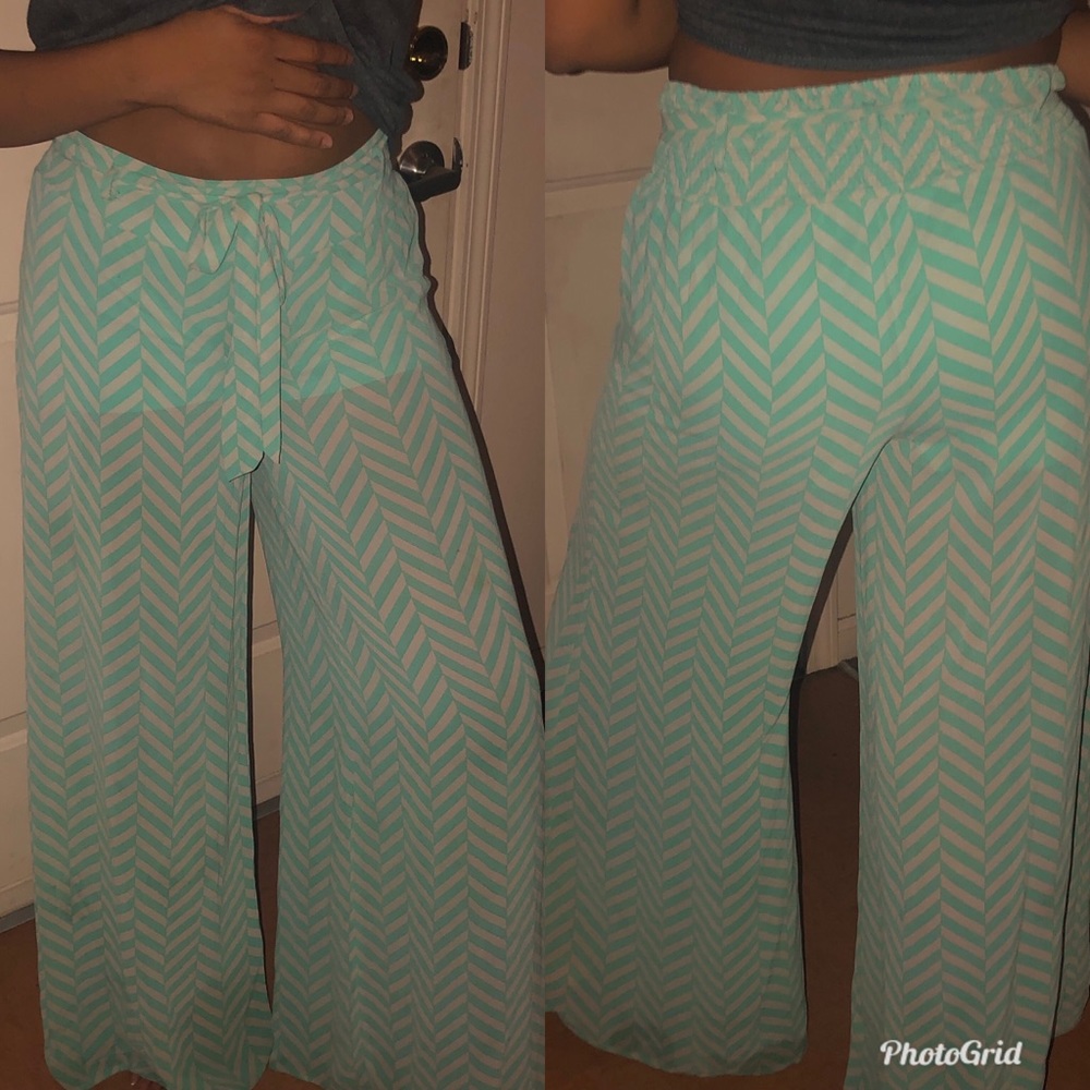 Green/White striped Palazzo pants.